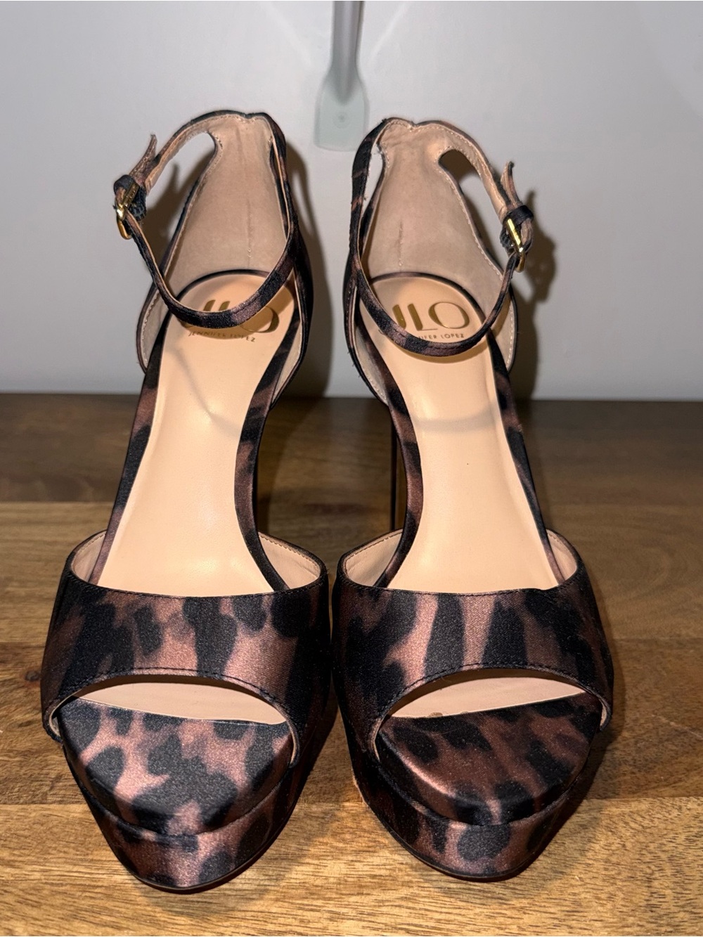 Jennifer Lopez - Brown/ Black Leopard Satin Platform Ankle-Strap Heels